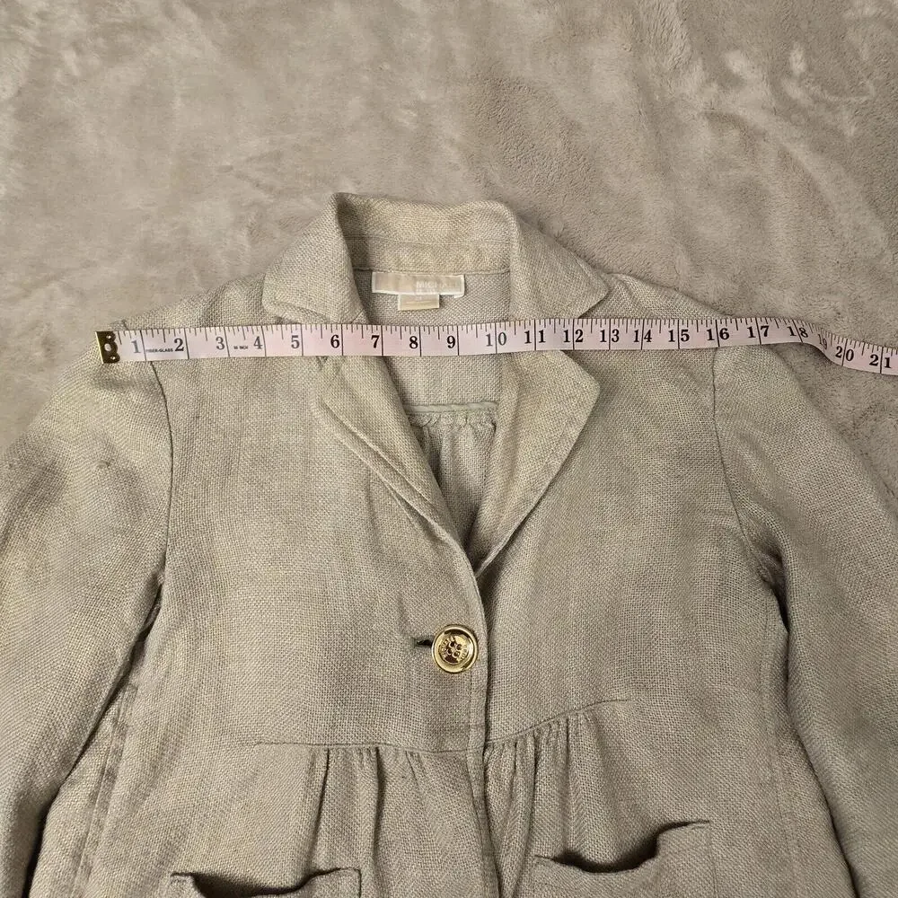 Michael Kors Tan Gold Button Blazer Cropped Length Jacket 100% Linen Sz S Office